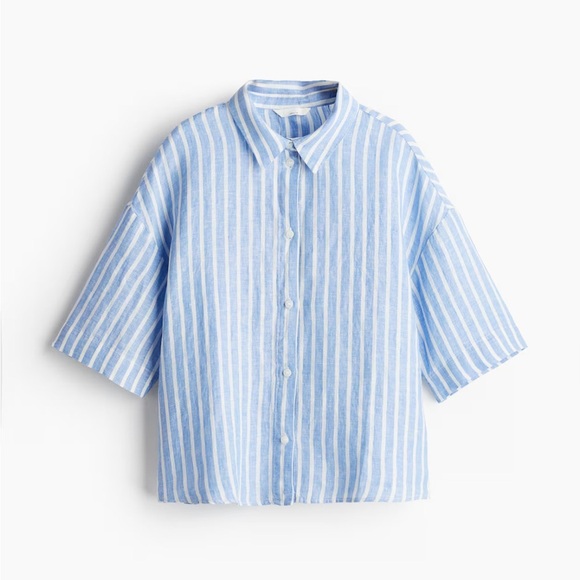EUC H&M blue and white striped linen button down, Medium. Boxy and oversized - Picture 1 of 12